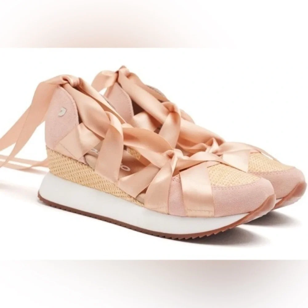GIOSEPPO Pink Platform Sport Sandals with Raffia Wedge & Ribbon Laces Size 9